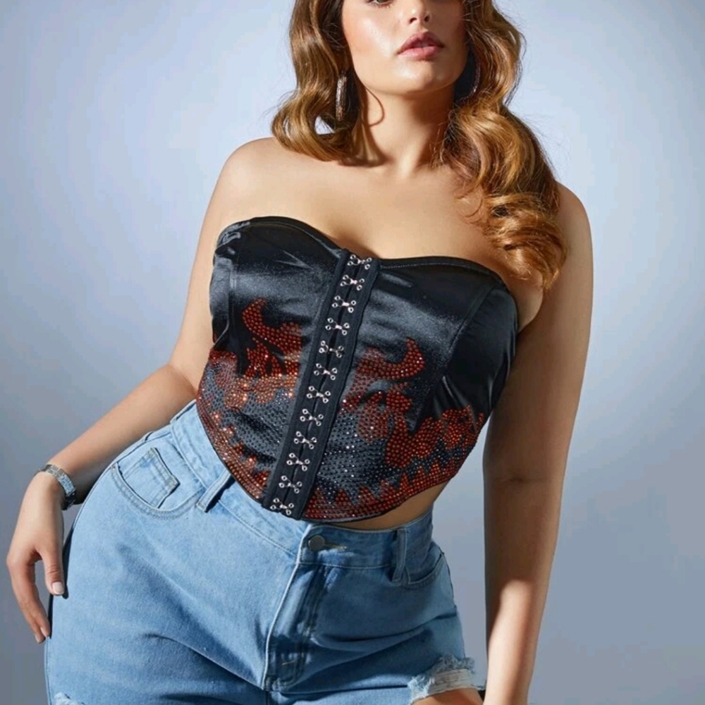 Rhinestone fire satin hook tube top